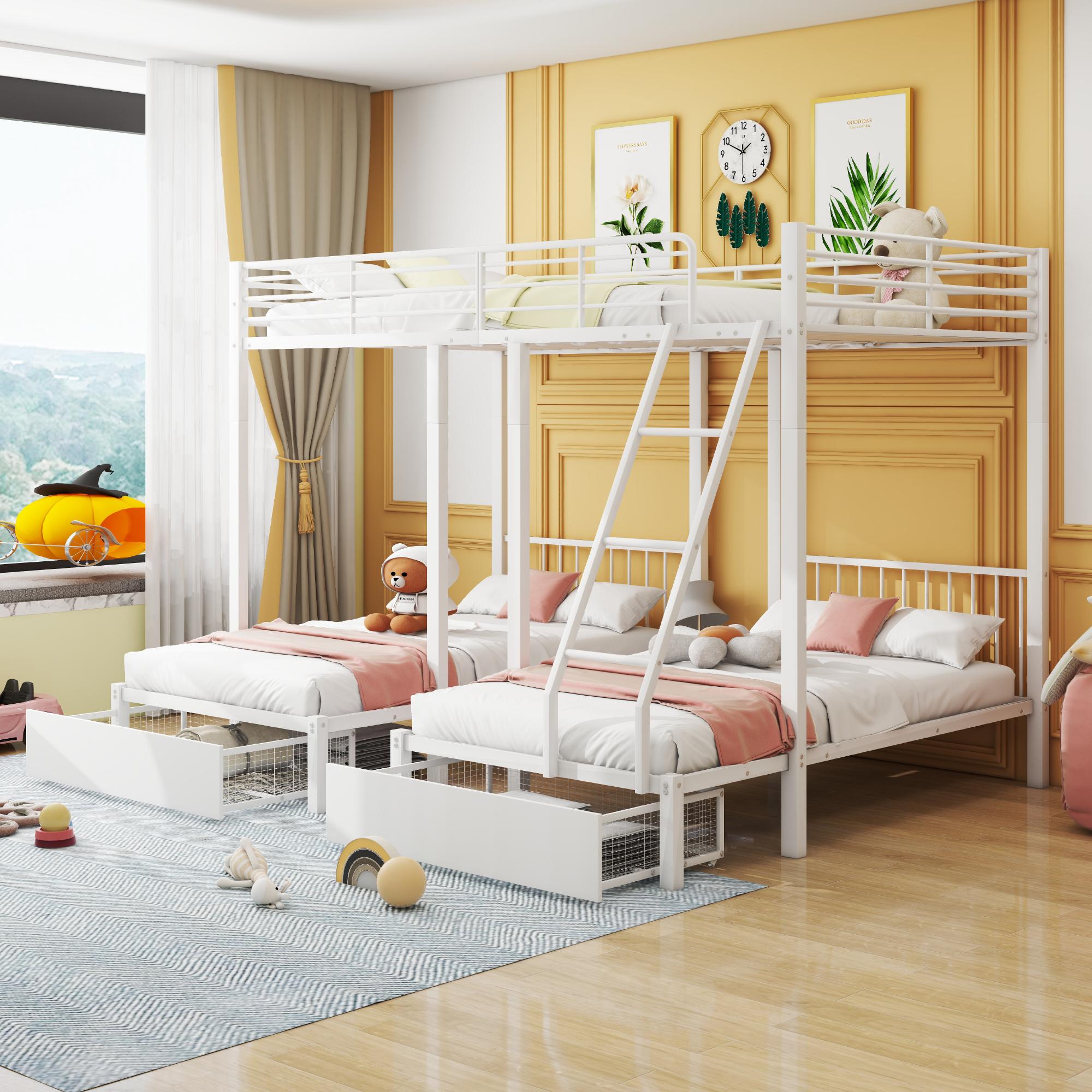 Sweiko Dreifaches Etagenbett mit Schubladen, Metallbettrahmen, umwandelbar in 140 x 200 Doppelbett und zwei 90 x 200 Einzelbetten, multifunktionales Metallrahmenbett, weiß