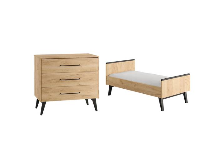 Lit évolutif 70x140 et commode 3 tiroirs Pinio Retro Bois