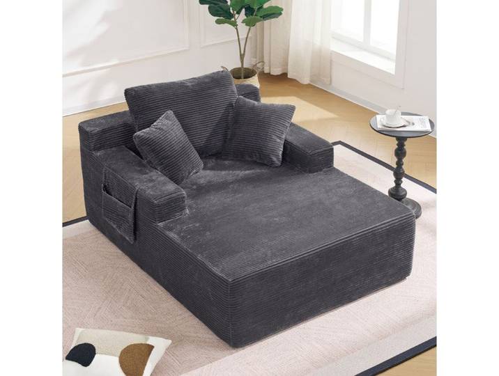 ROVRYN canapé fixe 1 place chaise longue 150 x 110 x 70 cm velours côtelé gris foncé avec poches latérales
