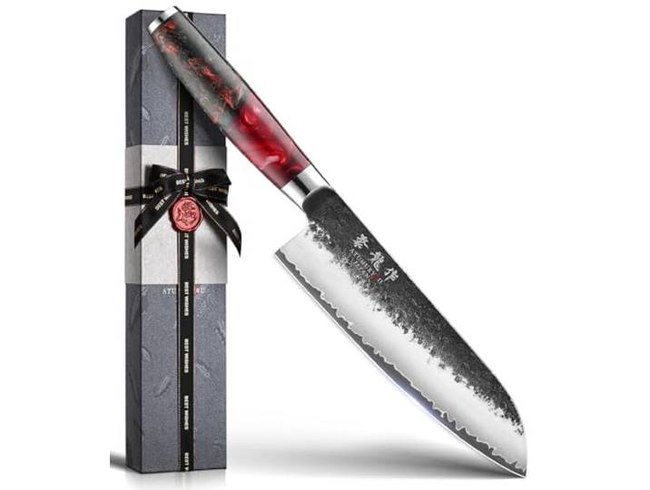 Japanisches Kochmesser, 18 cm Handgeschmiedetes Santokumesser aus VG10-Stahl, Profi-Chefmesser für Küche & Haushalt, Scharfes Küchenmesser mit Rotem Ergonomischem Griff, Geschenk für Männer & Frauen