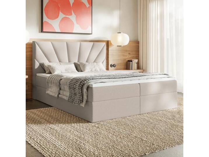 MOTIVENA Aspen Boxspringbett 180x200 mit Bettkasten und Topper, Polsterbett 180x200 mit Bettkasten, Taschenfederkern-Matratze (H3), T28 Komfortschaumstoff Topper (H3), Boucle, Beige
