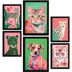 POSTER Set Mit 6 Rosa Haustiere A3 & A4 Schwarzer Rahmen