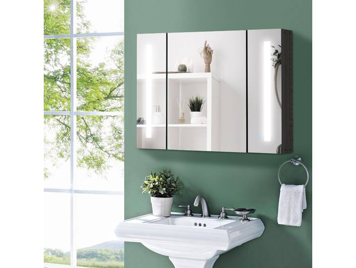 Kleankin Armoire Salle de Bain MDF Noir avec Miroir et LED 90cm
