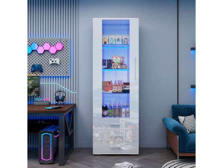 Vitrine blanche haute brillance Vitrine en verre vitrine sur pied avec éclairage LED Vitrine verticale à 3 tiroirs 60x35x180cm
