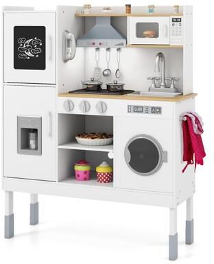 Costway Pretend Play Kitchen Toy Kitchen Playset with Range Hood Ice Maker and Telephone-White
