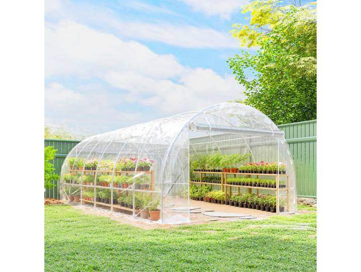 Serre tunnel de jardin 18m², serre tunnel de jardin 296x597x199cm, structure en acier galvanisé, bâche PE 150g/m² transparente