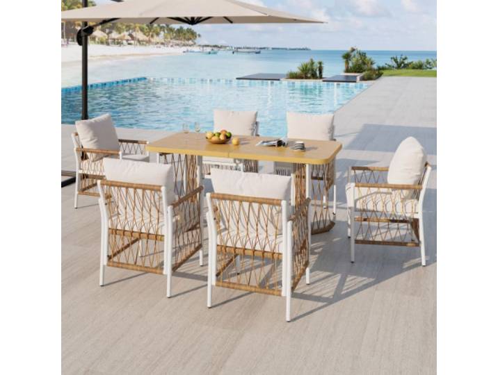 Complet ensemble table et six chaises jardin fer et rotin confortable robuste polyvalent pour tous v ENSEMBLE TABLE CHAISE DE JARDI