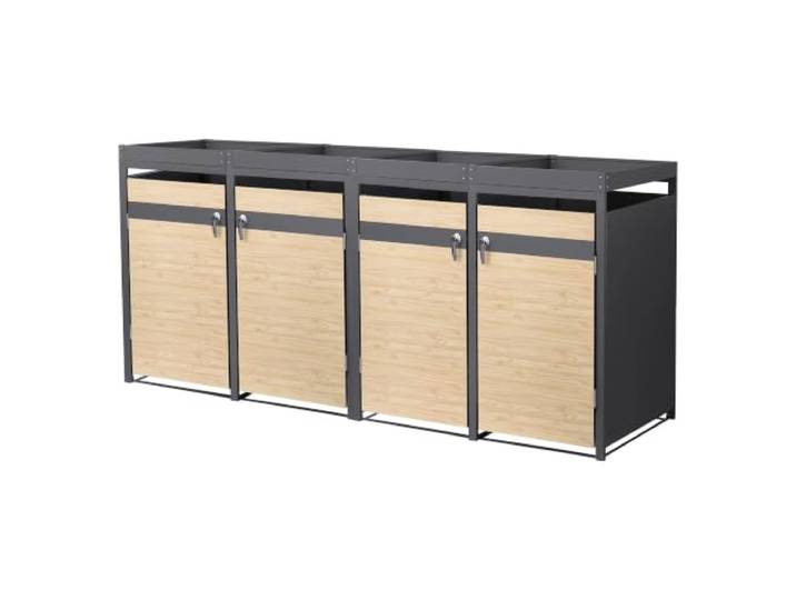ML-Design Mülltonnenbox 4er 240L mit Pflanzdach, Mülltonnenverkleidung für 4 Mülltonnen, Müllbox wetterfest Mülltonnenhaus aus Stahl, Müllcontainer, abschließbare Tür 264x80x124 cm Anthrazit-Holzoptik