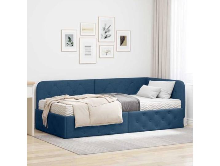 Stoff Eckbettgestell platzsparendes L Design 90 x 190 cm Blau Eckbettgestell mit Matratze mit Kopfteil Blau 90x190 cm Stoff L-Form Schlafsofa platzsparend Ecke mit Lattenrost