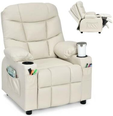 Costway Kids Recliner Chair with Cup Holder and Footrest for Children-Beige