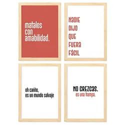 POSTER Set mit 4 Welt TypografieStil A3 Rahmen aus hellem Holz