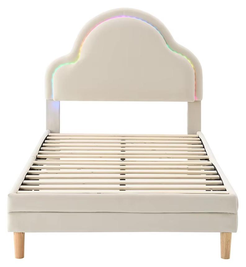 Kinderbett - 90 x 200 cm - Gepolstertes Bett mit Kopfteil - Weiß - Samtbezug - Holz - Moderner Stil