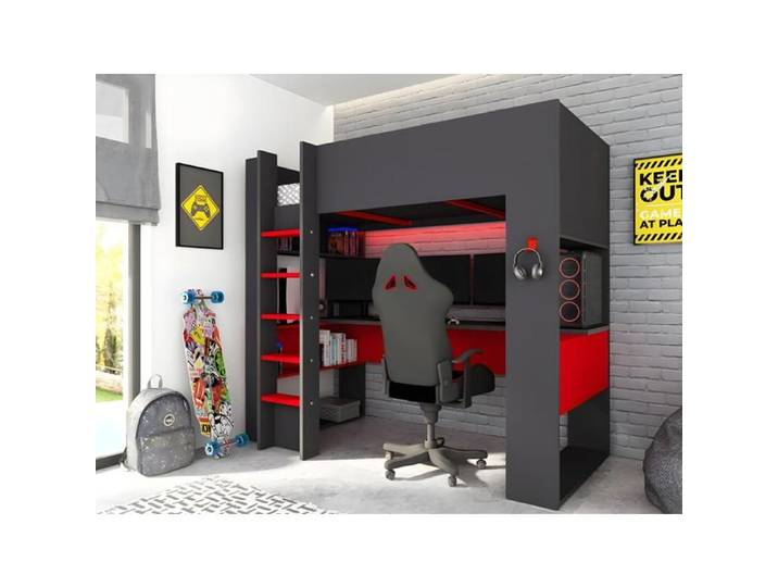 Lit mezzanine gamer NOAH avec bureau et rangements intégrés - 90 x 200 cm - Avec LEDs - Anthracite et rouge + matelas