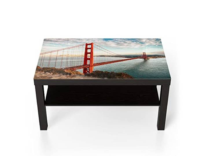 DEQORI Glastisch schwarz groß 90x50 cm Motiv Golden Gate Bridge ausgefallener Beistelltisch aus Glas Hochglanz Couchtisch fürs Wohnzimmer moderner Couch Tisch mit Design