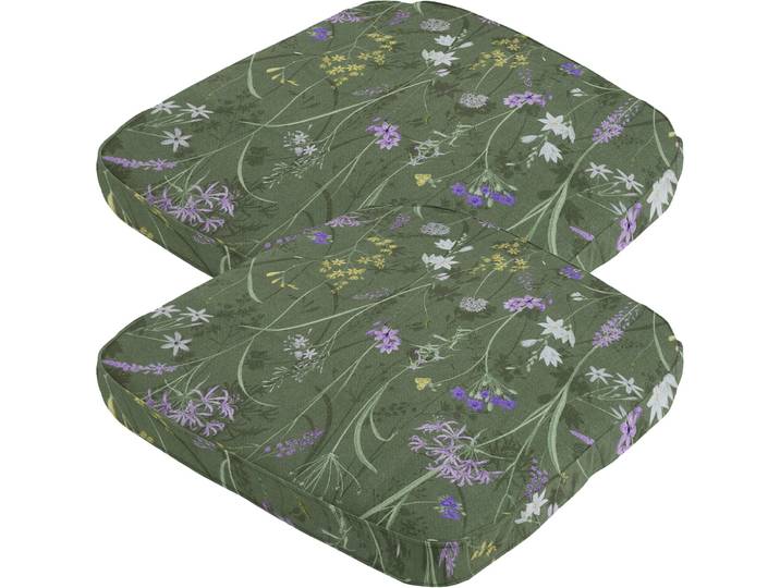 2er-Set Stuhlkissen Outdoor, Blumenmuster grün, 48 x 48 cm