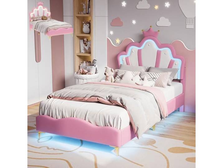 Lit enfant - EIFSON - Lit princesse 90x200cm - Tête de lit réglable - LED intégrée - Rose