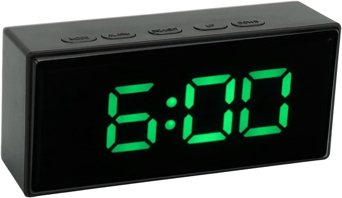 Multifunctionele digitale LED-wekker met spiegel en twee weergavemodi, groen