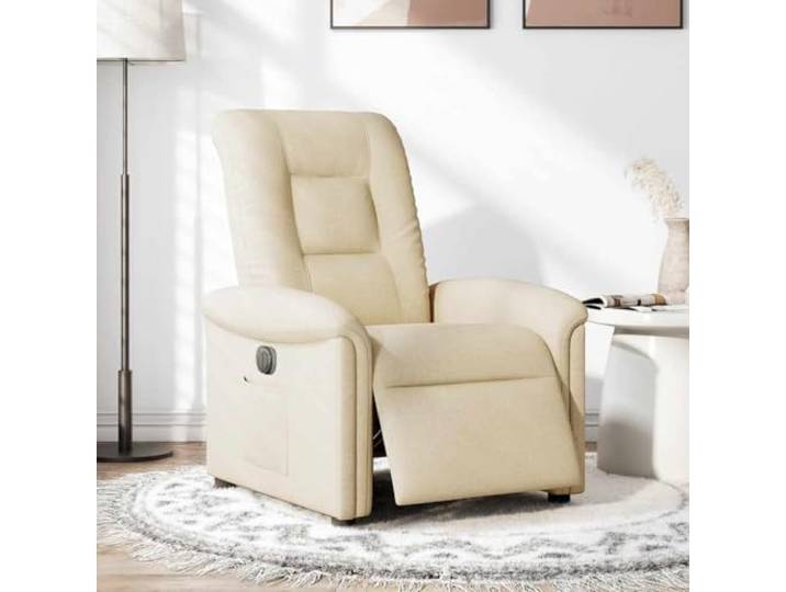 Relaxsessel Elektrisch Creme Stoff Stoffbezug atmungsaktiv,Seitentasche,Holz-und-Metall-Rahmen,breite Armlehnen,135 Grad Neigung