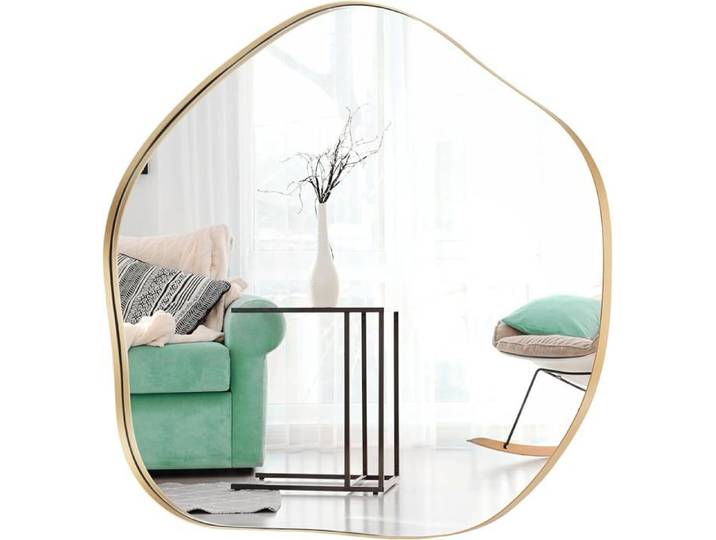 RELAX4LIFE Miroir Mural Irrégulier de Salle de Bain Miroir Suspendu Asymétrique Miroir Cosmétique Décoratif Doré 75 x 70 cm