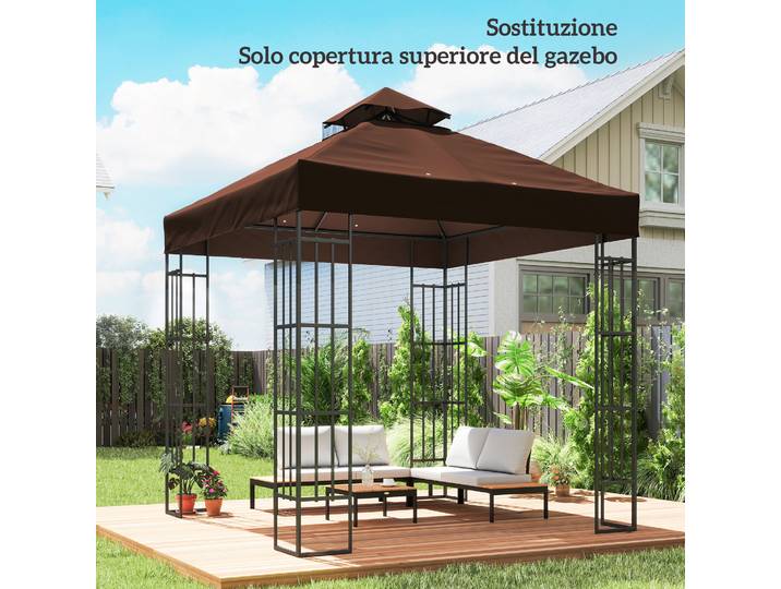 Outsunny Couverture Gazebo 3x3m Polyester Café UPF30+ 2 Niveaux