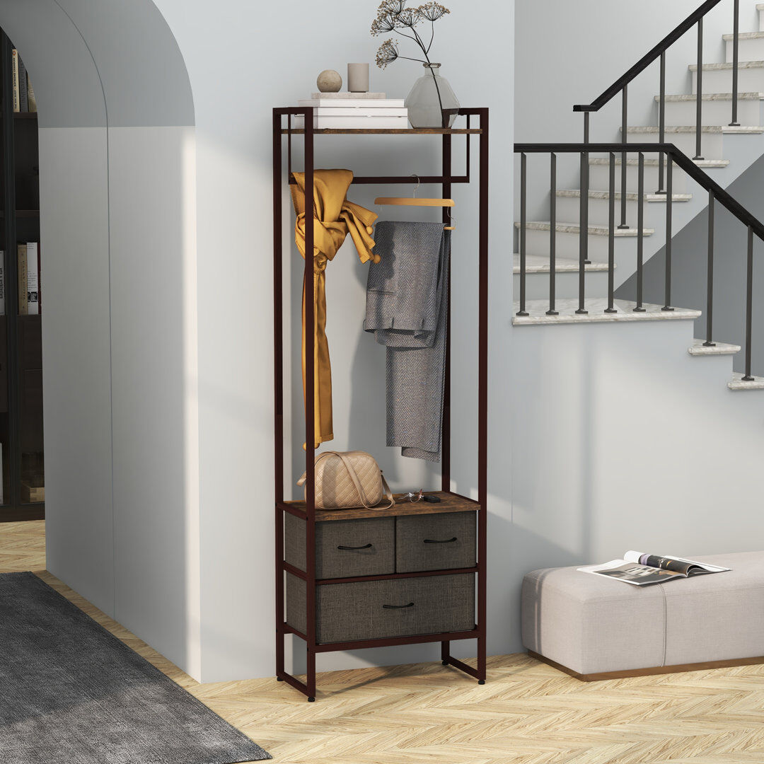 Borough Wharf Adeela Clothes Hanging Rail with 3 Fabric Drawers Storage Shelves for Hallway Brown 59cm L