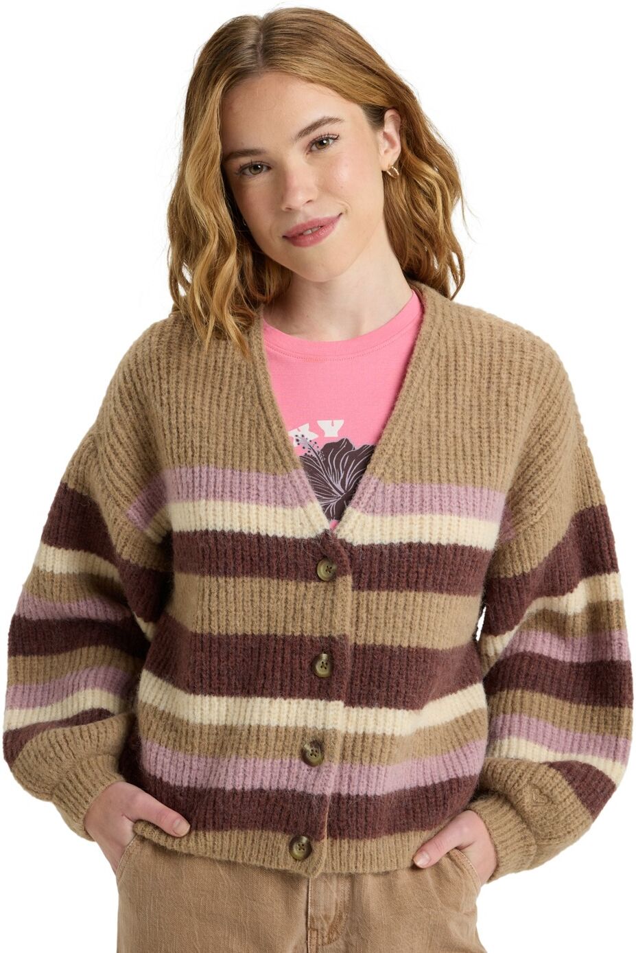 Sweater ROXY "Marble Tiles Stripe", Damen, Gr. XS, woodsmoke, Obermaterial: 54% Nylon, 23% Modacryl, 23% Microfaser., Pullover Sweater woodsmoke XS