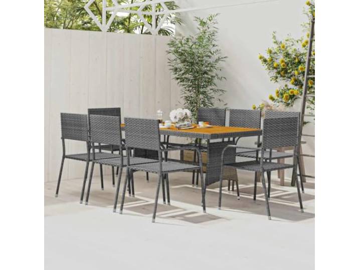 HEFZGDB 9-TLG. Garten-Essgruppe Poly Rattan Grau mit Akazienholz Tischplatte und Stahlrahmen, Outdoor Esstischgruppe für Terrasse, langlebige Gartenmöbel
