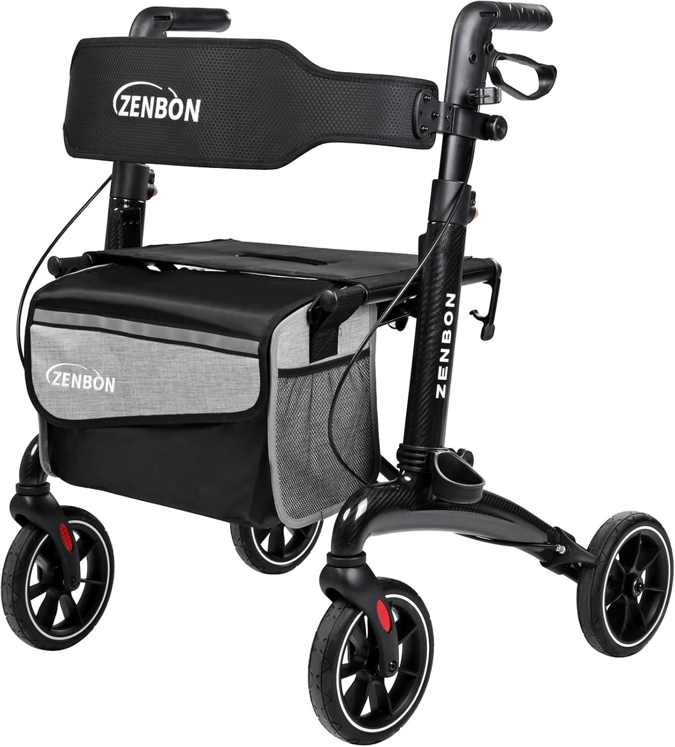 Faltbarer und leichter Rollator mit Sitz: Carbon-Rollator, einfach zusammenklappbar für den Transport im Kofferraum