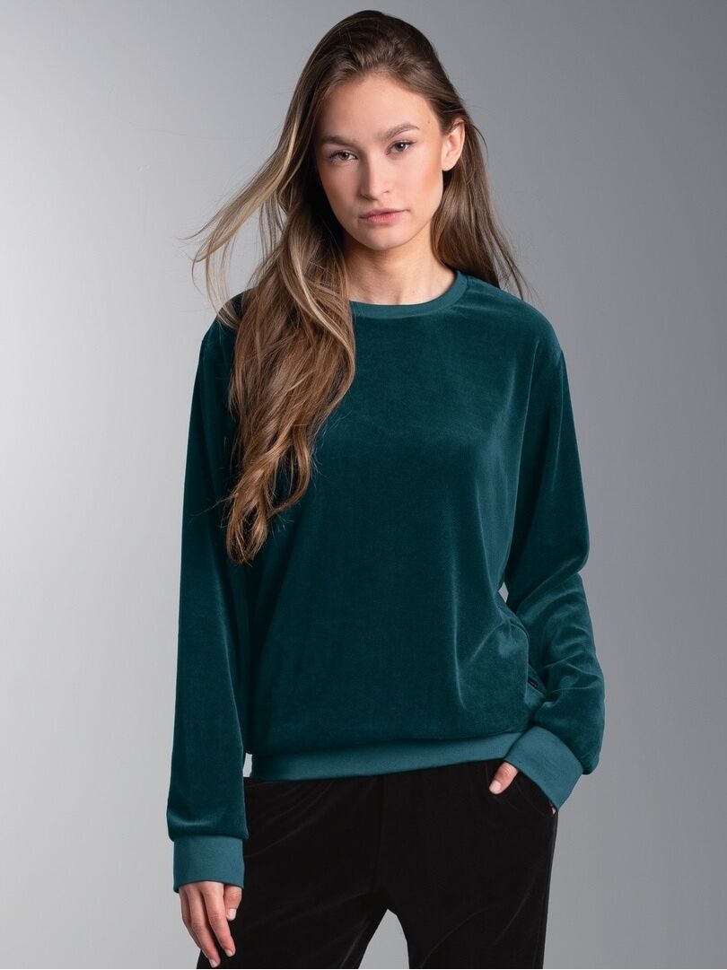 Sweatshirt TRIGEMA "TRIGEMA Nicki-Shirt", Damen, Gr. M, saphir, Nicki, 80% Baumwolle, 20% Polyester, lang, Rundhals, Sweatshirts Sweatshirt saphir M