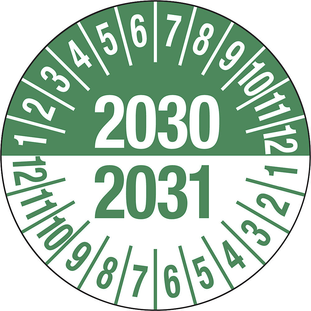kaiserkraft Prüfplakette, Mehrjahreszahlen, grün, Dokumentenfolie, Ø 35 mm, VE 10 Stk, 2030/2031
