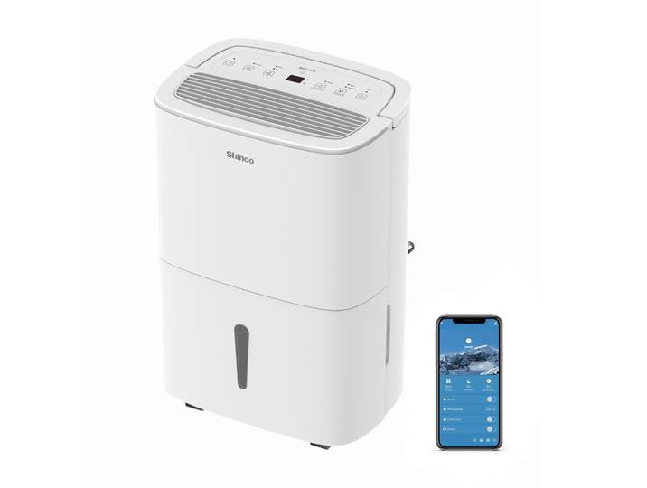 SHINCO WIFI Déshumidificateur Portable 50L/Jour avec Pompe de Relevage, Purificateur d'air, Filter à Charbon Actif, Minuterie 24h, Drainage Continu, Fonction Sèche-Linge, Blanc