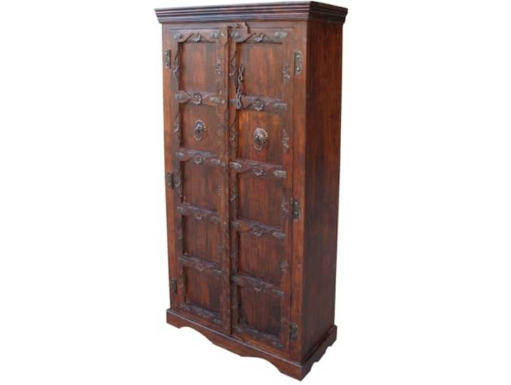 Schrank, Kleiderschrank, Massivholz, Kolonialstil, handgefertigt, Modell 3 Handgearbeiteter Schrank aus gewachstem Akazienholz, mit Schnitzereien, stilvolle Akzente, langlebige Qualität.