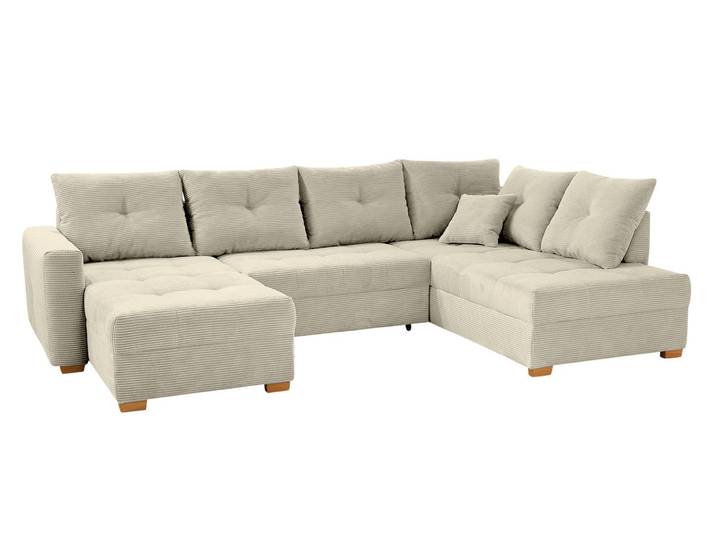 Wohnlandschaft U-Form Sofa groß Schlaffunktion Couch Bettkasten Cord Beige Grau / 15218