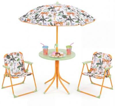 Costway Kids Outdoor Table and Chair Set with 2 Folding Chairs and Height Adjustable Umbrella-Yellow