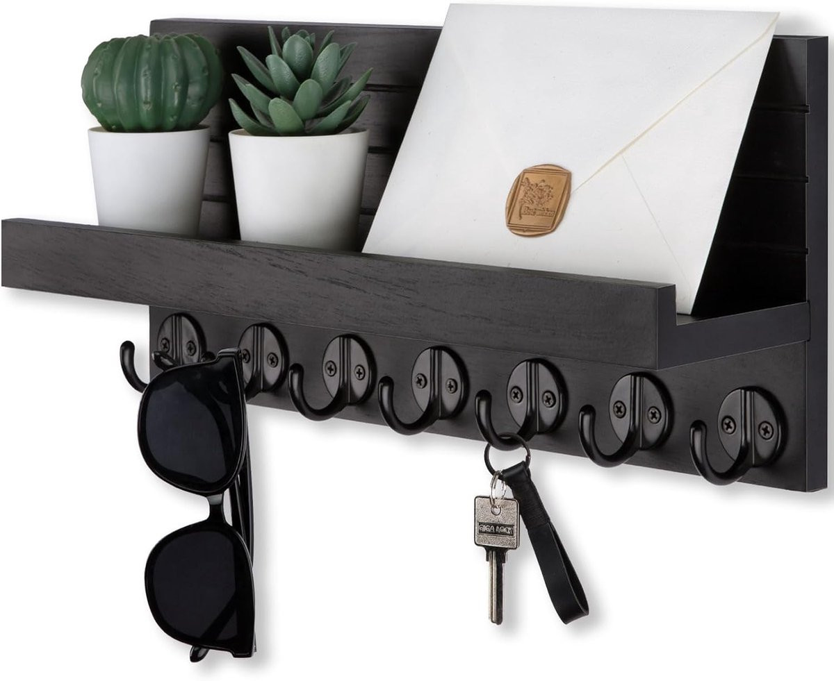 Zwarte Wandmontage Sleutelhouder en Brievenhouder Plank met Breedte: 35 cm