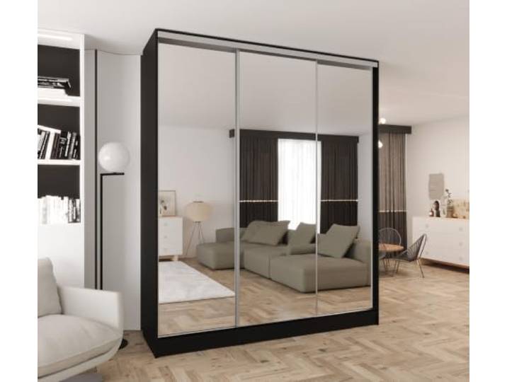 Kleiderschrank mit Spiegel und Schiebetüren Schwarz 210x250 cm 2 Kleiderstangen, 2 Schubladen, MDF Platte, Inklusive Montageset, Mit Einlegeböden, Viel Stauraum, Praktische Aufteilung