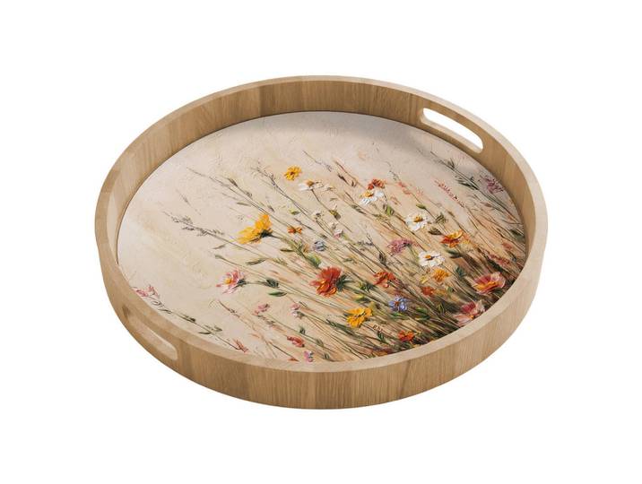 OnlyWow Tablett Wildblumen - Pinselstriche - Ruhig 50x50 cm, Mehrfarbig, Holz, Echtholz,Eiche, Rund, 50x5x5 cm, Geschirr, Tischkultur & Serviergeschirr, Tabletts