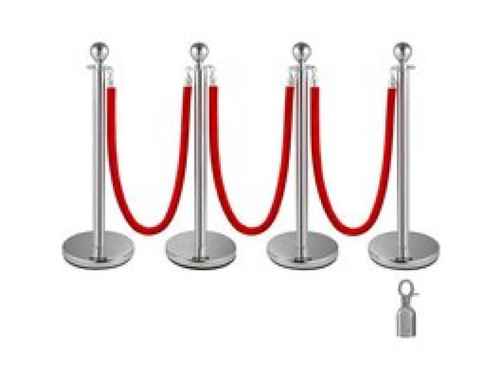 VEVOR roestvrijstalen afzetpaal met touw, kogelkop, 3 rode fluwelen touwen, zilverkleurige paal, 4-pack crowd control barriers