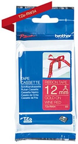 Brother TZe-RW34 fita tecido acetinado texto dourado sobre vermelho