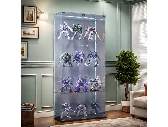 Vitrine à double porte Anajqaqia, structure à 4 étagères, base noire, pour collection et exposition.