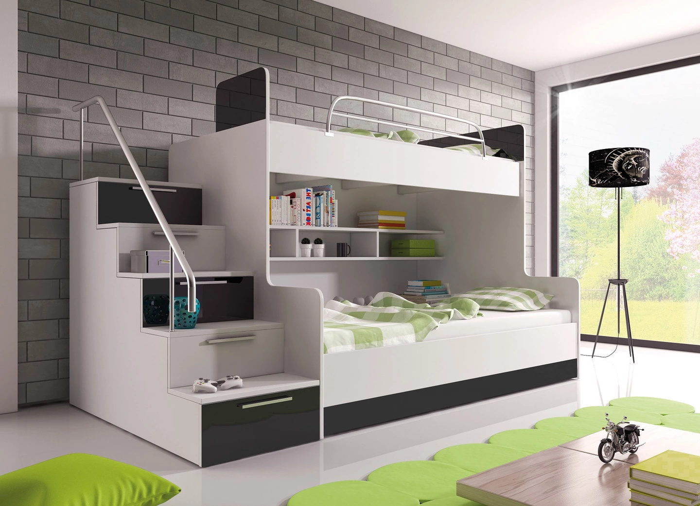 Etagenbett TOMI 2 , Doppelstockbett Hochglanz Kinderbett Hochbett , OHNE Matraze und Lattenrost (Weiss / Schwarz, Treppenseite: LINKS)