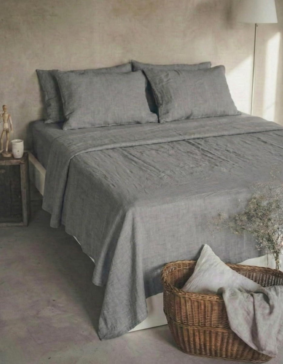 Stonewashed Linnen Bedlaken Grijs 150x250 cm