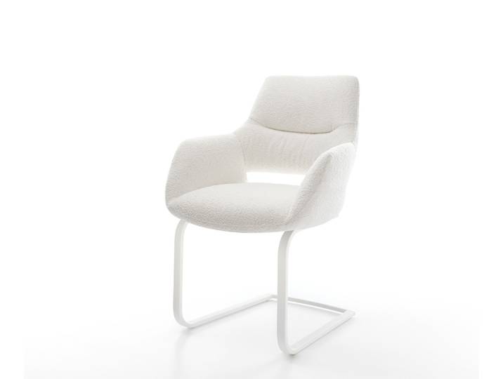Freischwinger Yago-Flex mit Armlehnen Bouclé Creme-Weiß Freischwinger flach Weiß Taschenfederkern, Esszimmerstühle