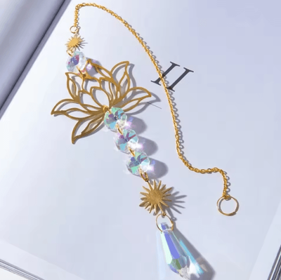 Inspire Picks Metal Lotus Crystal Suncatcher Handmade Wind Chime Pendant For Garden & Home Decor gold