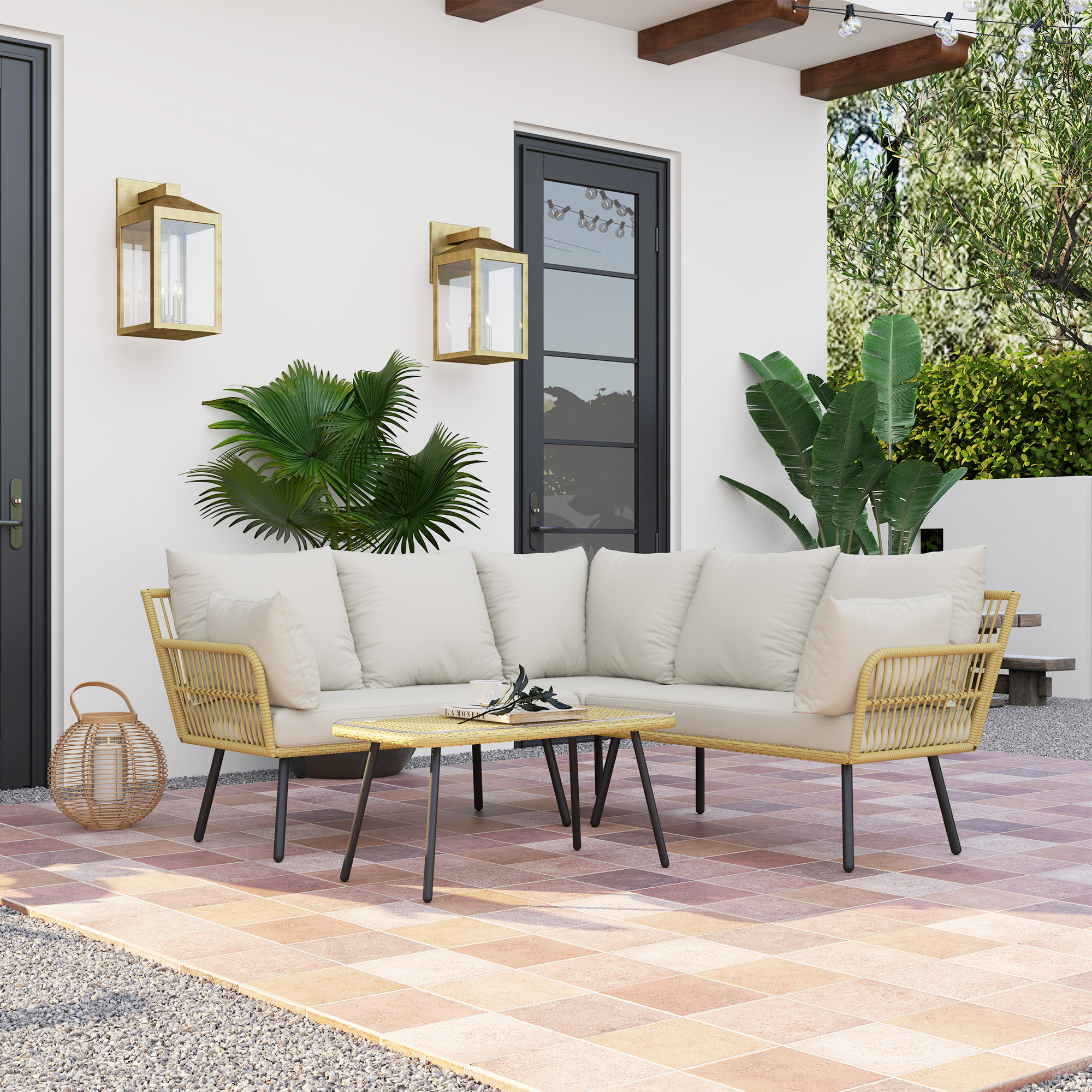 Outsunny Set da Giardino 4 Pezzi in Rattan PE con Tavolino da Esterni 90x45x42 cm e 2 Divanetti per Esterni 6ex63x74 cm, Bianco Crema Aosom