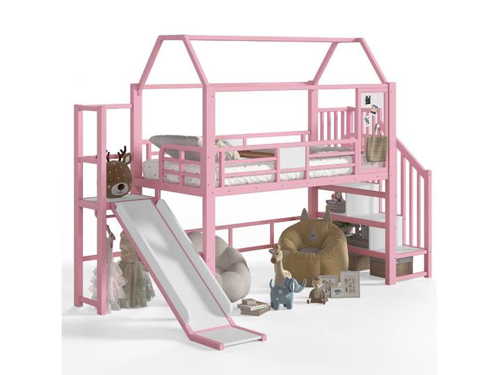 Modfu Kinderhochbett MDF & Metall 90x200 cm Pink mit Rutsche, Treppe und LED-Beleuchtung im Hausdesign, 90x200 cm, Babymöbel & Kindermöbel, Kinderzimmer & Jugendzimmer, Kinderbetten, Hochbetten