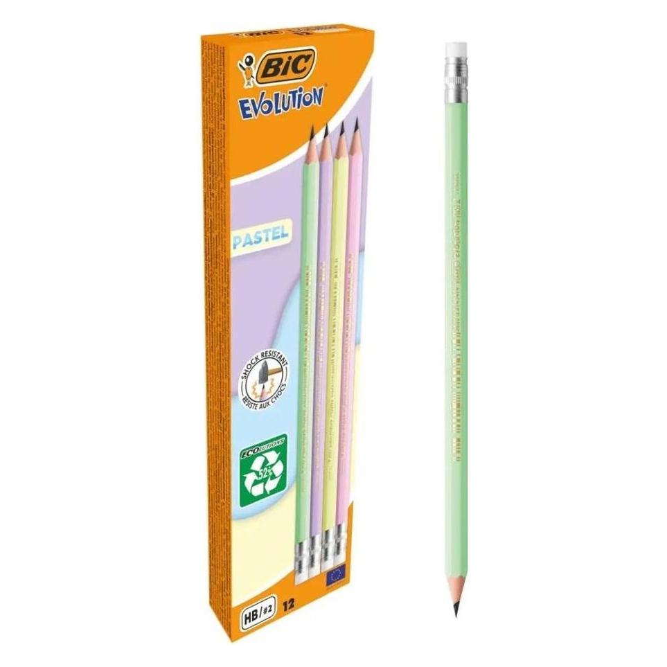 Bic EVOLUTION PASTEL Bleistifte HB rosa, lila, grün, gelb mit Radierer, 10 St. (HB, 12x) (518306)
