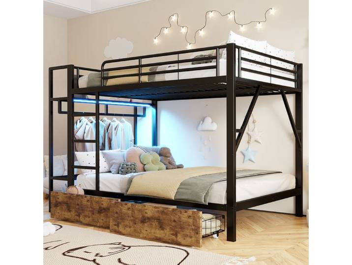 Lit superposé 140x200 cm structure métallique avec éclairage LED et tiroirs