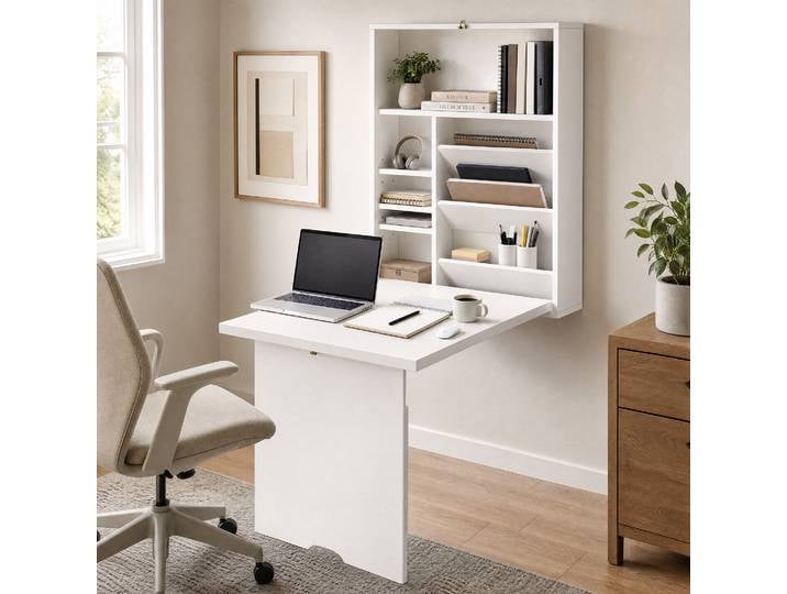 HOMCOM Bureau Pliable Mural avec Étagères Blanc 93,8x60x147 cm