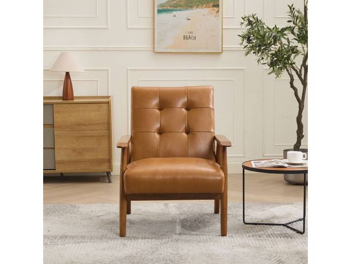 Fauteuil - ZEVKOR - Fauteuil 1 - Cuir véritable - Accoudoirs bois noyer - Surpiqûres Pull-Point
